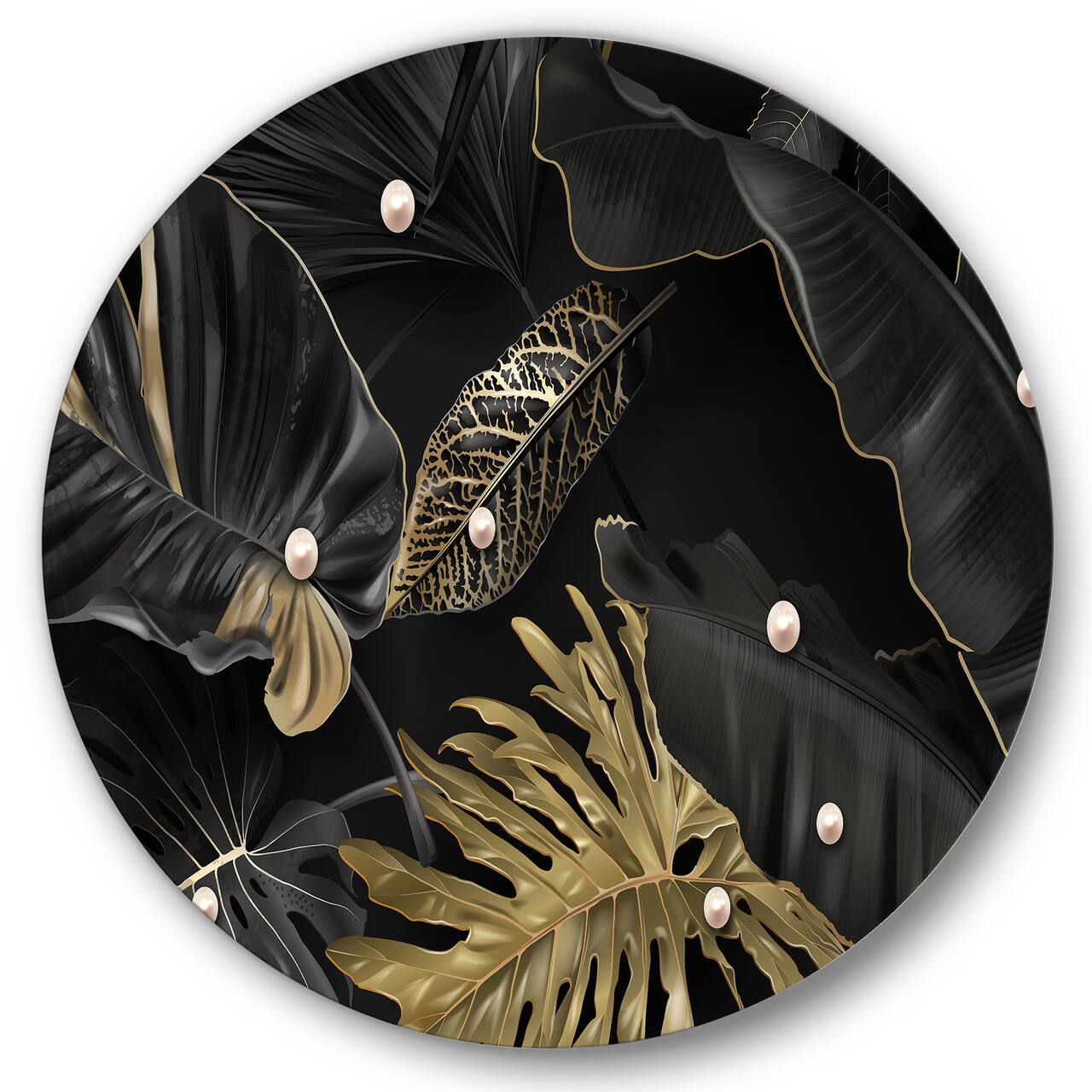 Designart - Black and Gold Tropical Leaves III - Modern Metal Circle Wall Art
